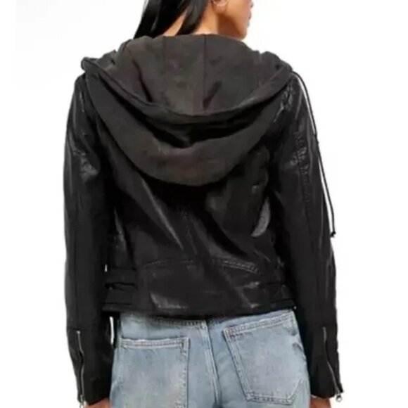 Free People Cleo Leather Moto Black Hooded Jacket Soft Grunge Hot Girl Elevated - Picture 3 of 14
